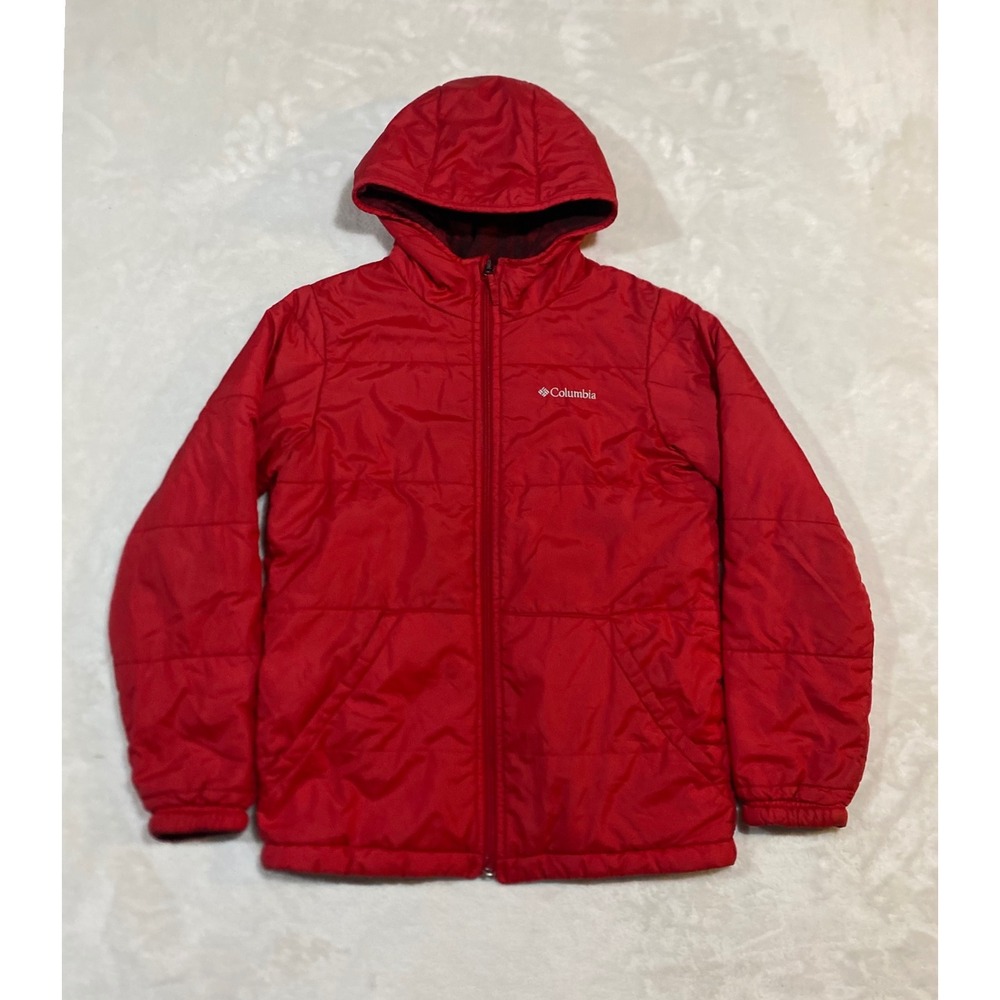 Columbia Kids Red Reversible Puffer Jacket Plaid Fleece Hooded Coat Size L 14/16